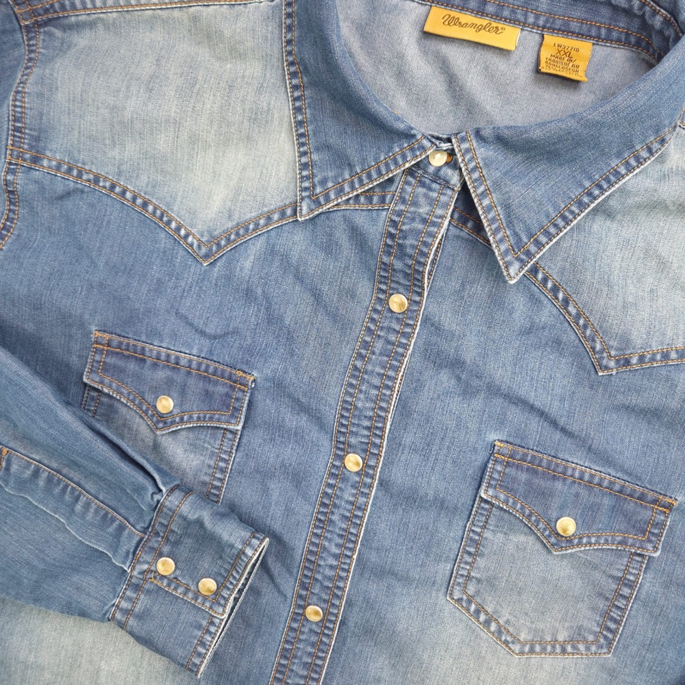 Wrangler Western Shirt Mens XXL Blue Denim Cotton Pearl Snap Long Sleeve Classic